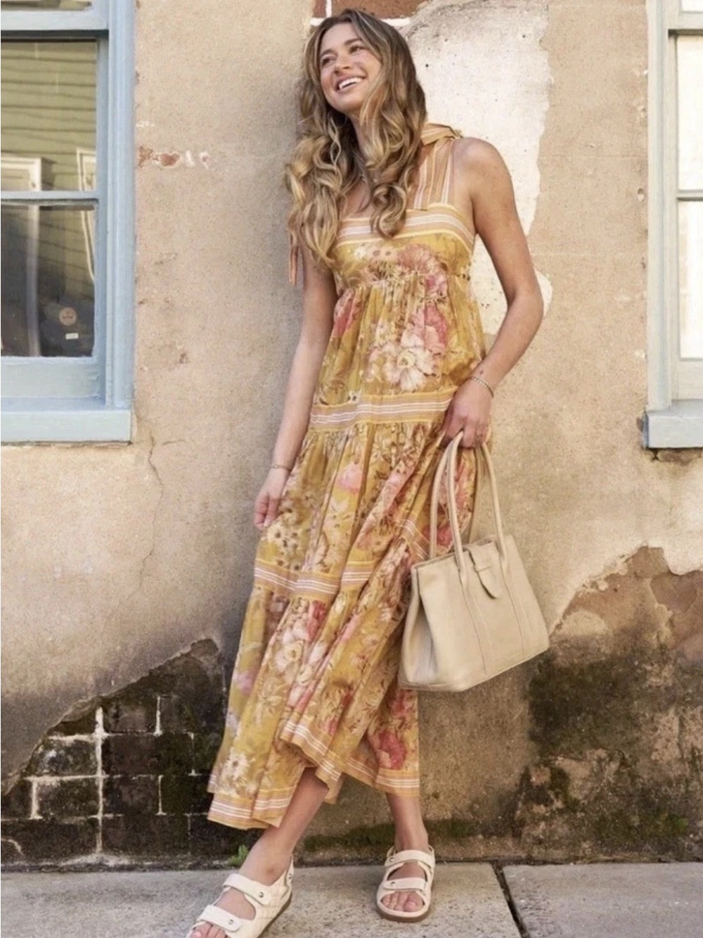 Zimmerman Pattie Tie Shoulder Floral Midi Dress Mustard Yellow Size 0